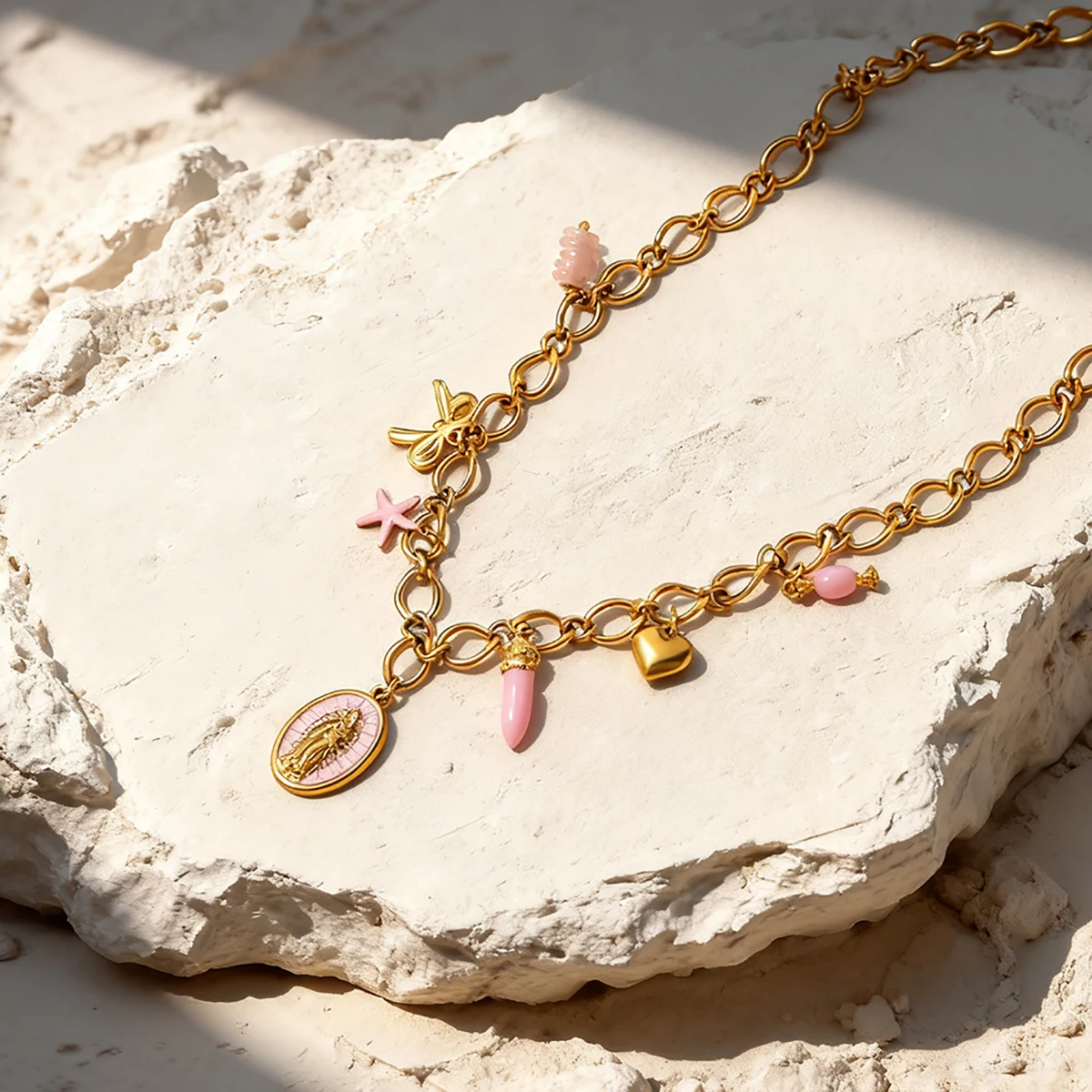 AURORA Y2K-Stil Jungfrau Maria Anhänger-Halsketten für Damen, Choker-Halskette, modische rosa Kollektion, Edelstahl-Schmuck – Detail 5