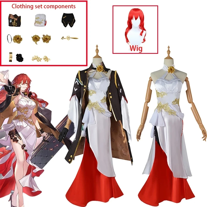 Anime Game Honkai Star Rail Cosplay Honkai Himeko Cosplay Costume Sexy Evening Uniform Halloween for Women Dress Red Cospaly Wig