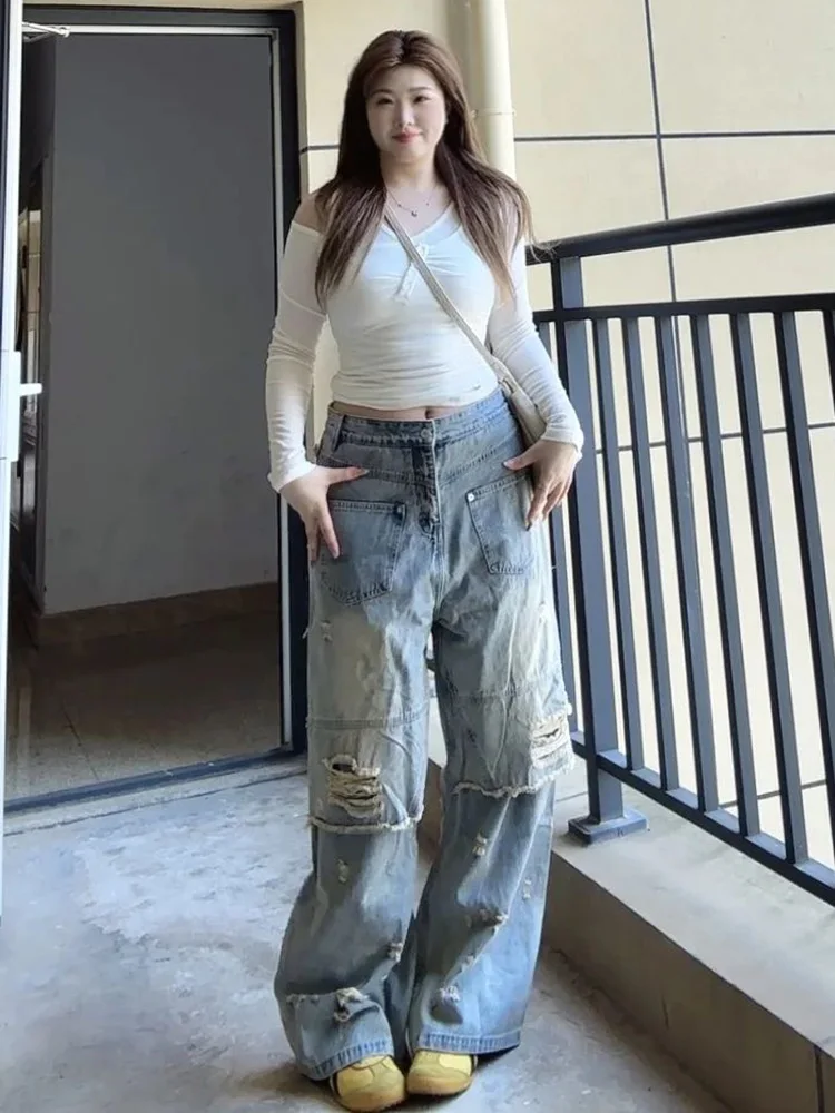 

Retro American Hole Denim Jeans Women Summer New Large Size Pear ape Slim Straight Leg Wide Leg Pants High Waist Long Pants