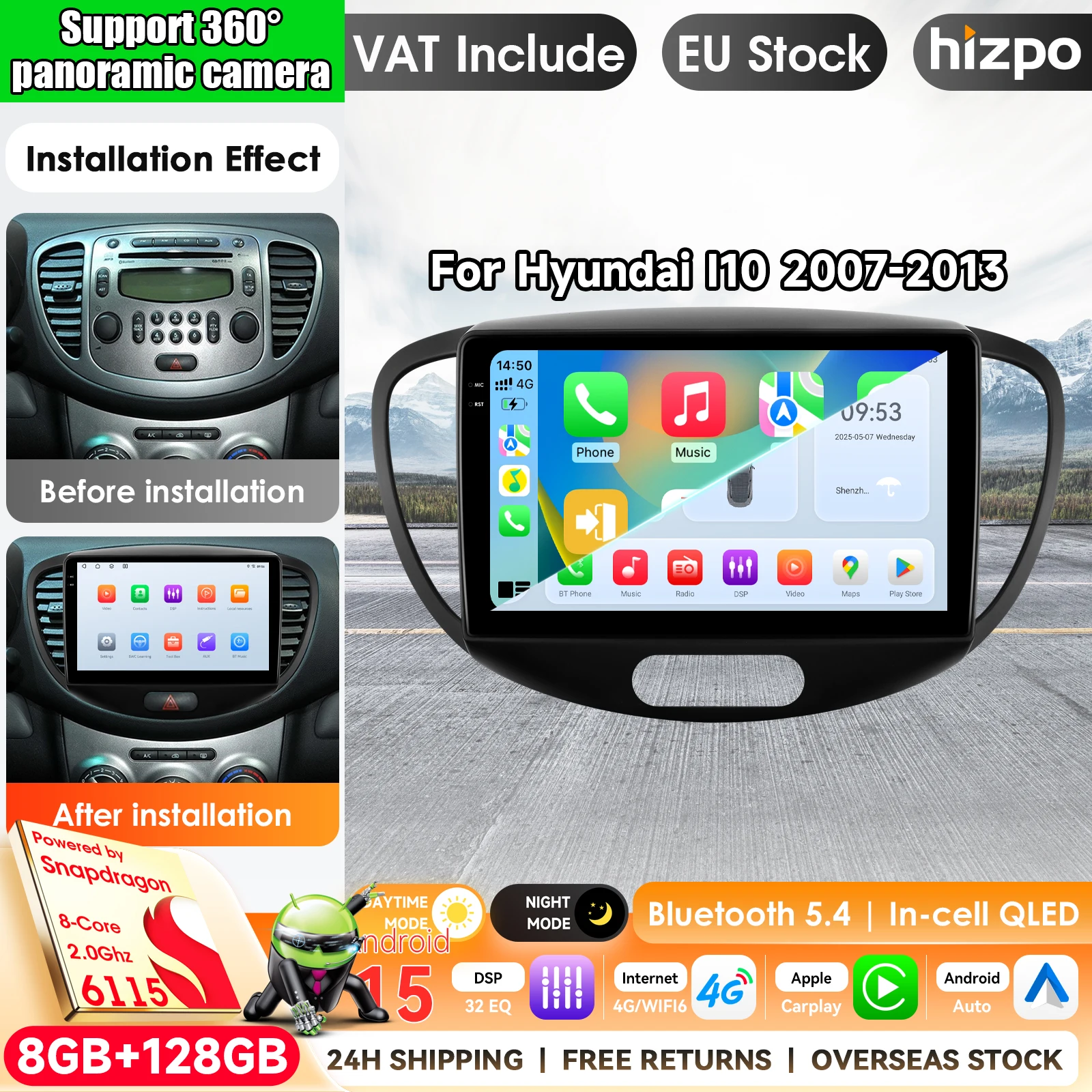 2-DIN-Android-Autoradio für Hyundai I10 2007–2013, Multimedia-Player mit GPS-Navigation, kabellosem Carplay, Auto-Autoradio, intelligenten Systemen, IPS-Touchscreen, Stereo-Videoplayer,