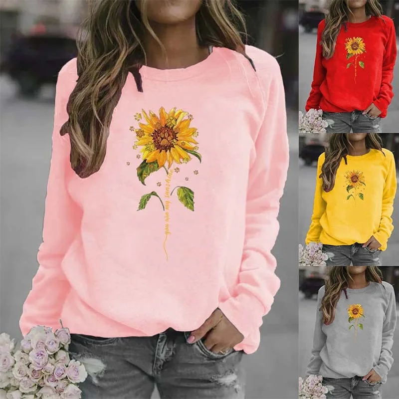 

Women's Sunflower Print Crew-neck Hoodie aesthetic kawaii clothes