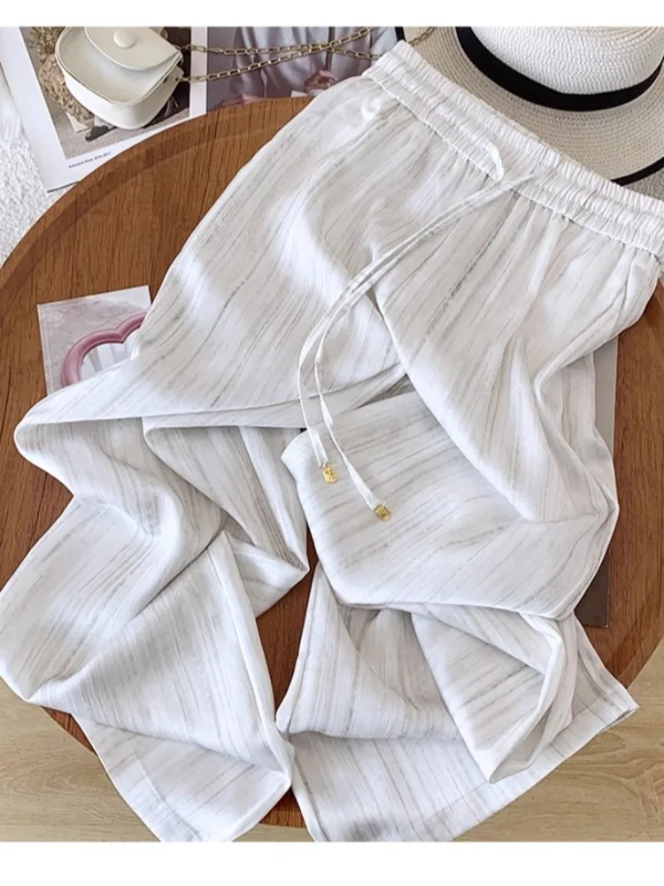 ハイウエストシルクシフォンストライプワイドレッグパンツ女性のカジュアルストレートシルクサテンルーズフィットフロアレングスパンツ夏