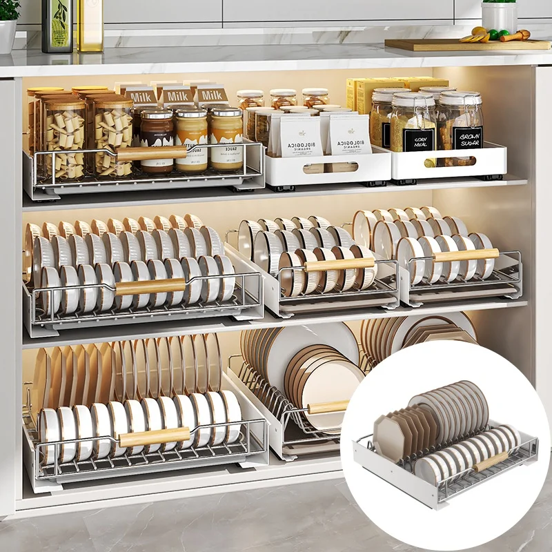 

Undercounter Kitchen Pull Out Dish Rack Drawer Drying Rack Sliding Dish Draining Area Carbon Steel Sink Cabinet Storage