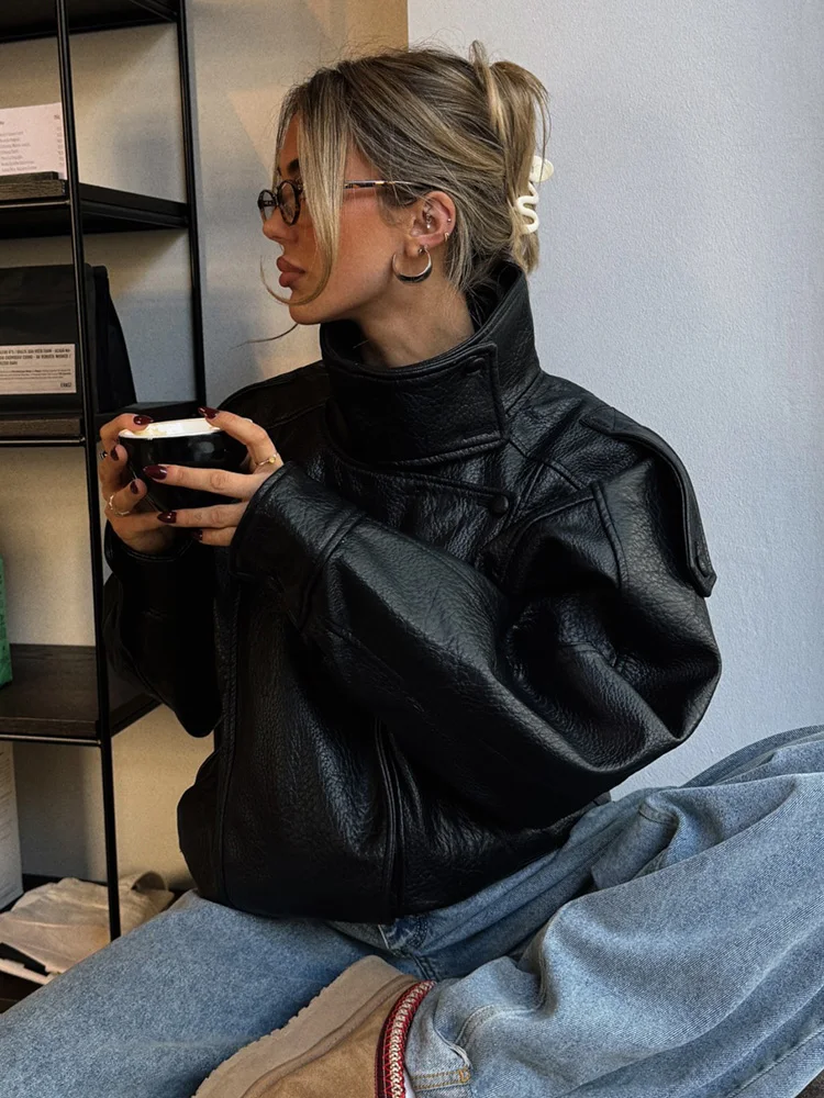 

HH Осенняя женская шикарная текстурированная кожаная черная короткая куртка женская с длинными рукавами и лацканами плиссированная молния дизайн уличный стиль пальто