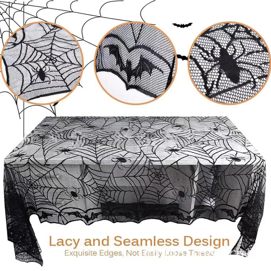 120x160cm Halloween Fledermaus Spinnennetz Tischdecke Spitze Halloween Urlaub Party Dekoration schwarze Spitze Polyester Halloween Tischdecke