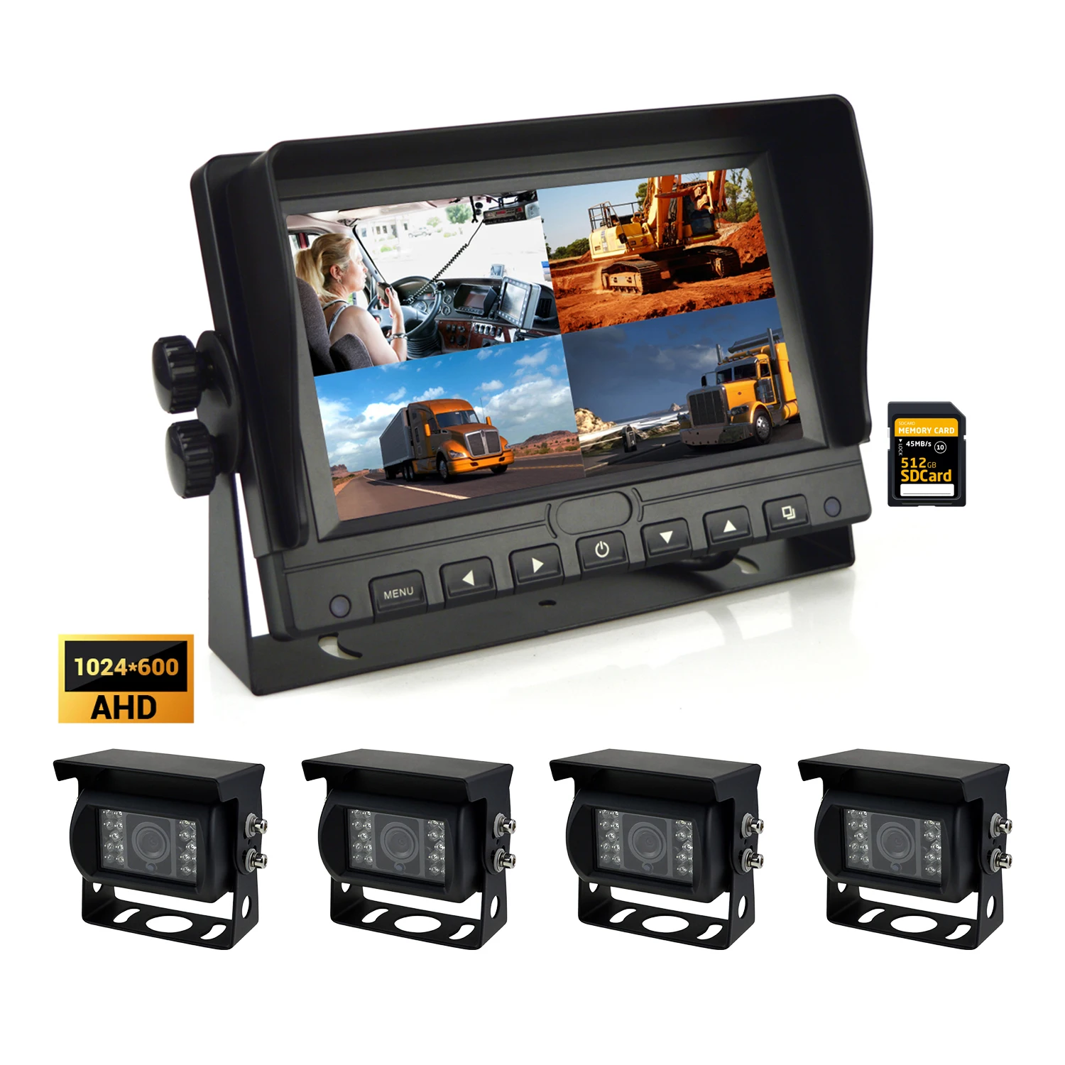 7-inch Truck/car Four-way Split IPS 360 Camera Monitor DVR Display Camera System 1080P/720P NTSC/PAL Adjustable IPS Display