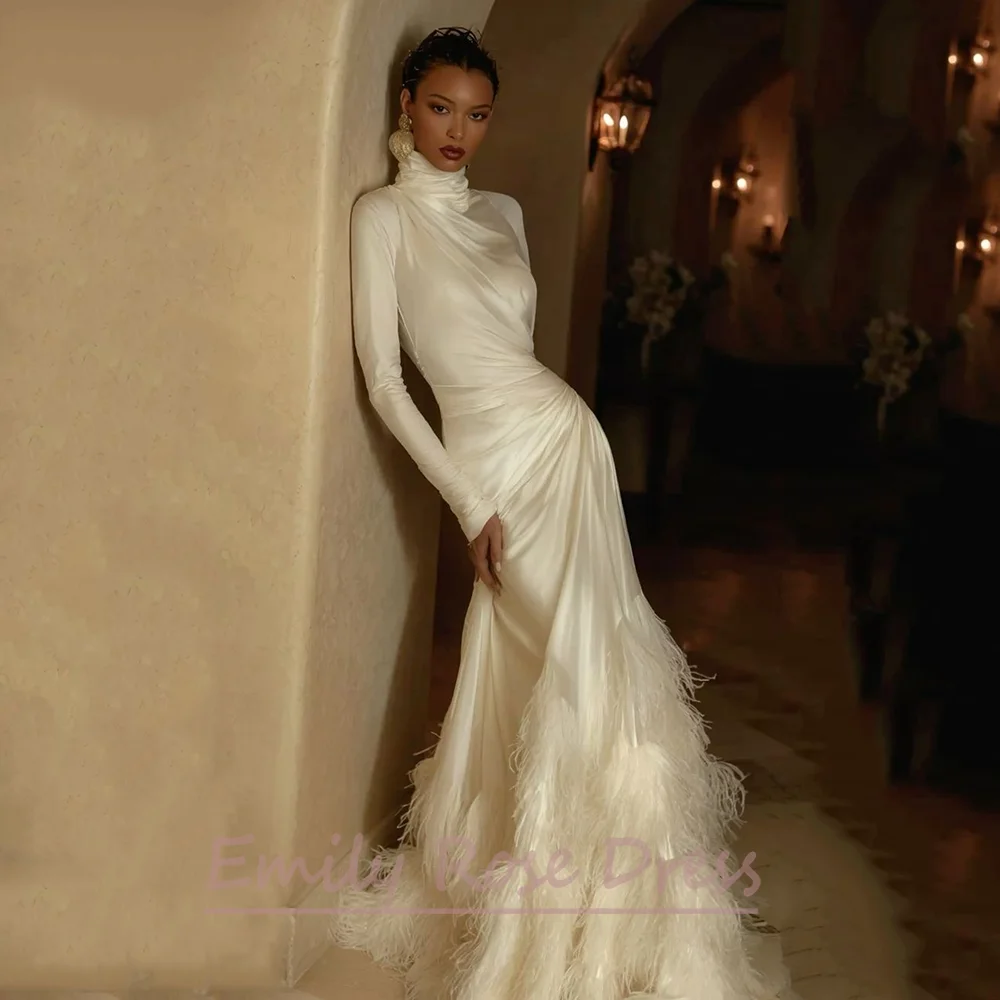 

Elegant High Neck Long Sleeves Prom Gown with Feather Waist Pleated Floor Length Women Evening Dress New Style Luxury Design