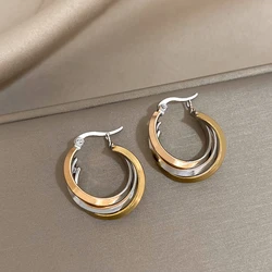 Greatera Trendy Tricolor Stainless Steel Twisted Hoop Earrings for Women Gold Plated Geometric Round Circle Earrings Jewelry