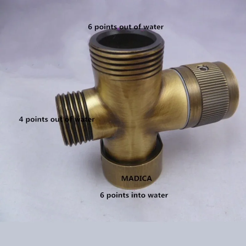 Divisor de agua de bronce antiguo, grifo de ducha, válvula de agua de tres vías, separador de agua, interruptor de boquilla de pulverización, convertidor de una o dos juntas