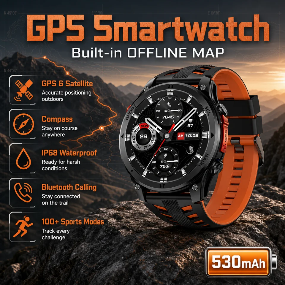 Nouvelle montre connectée GPS 2026, étanche IP68, avec cartes hors ligne, navigation en temps réel, horloge, montre militaire d'extérieur pour hommes et femmes
