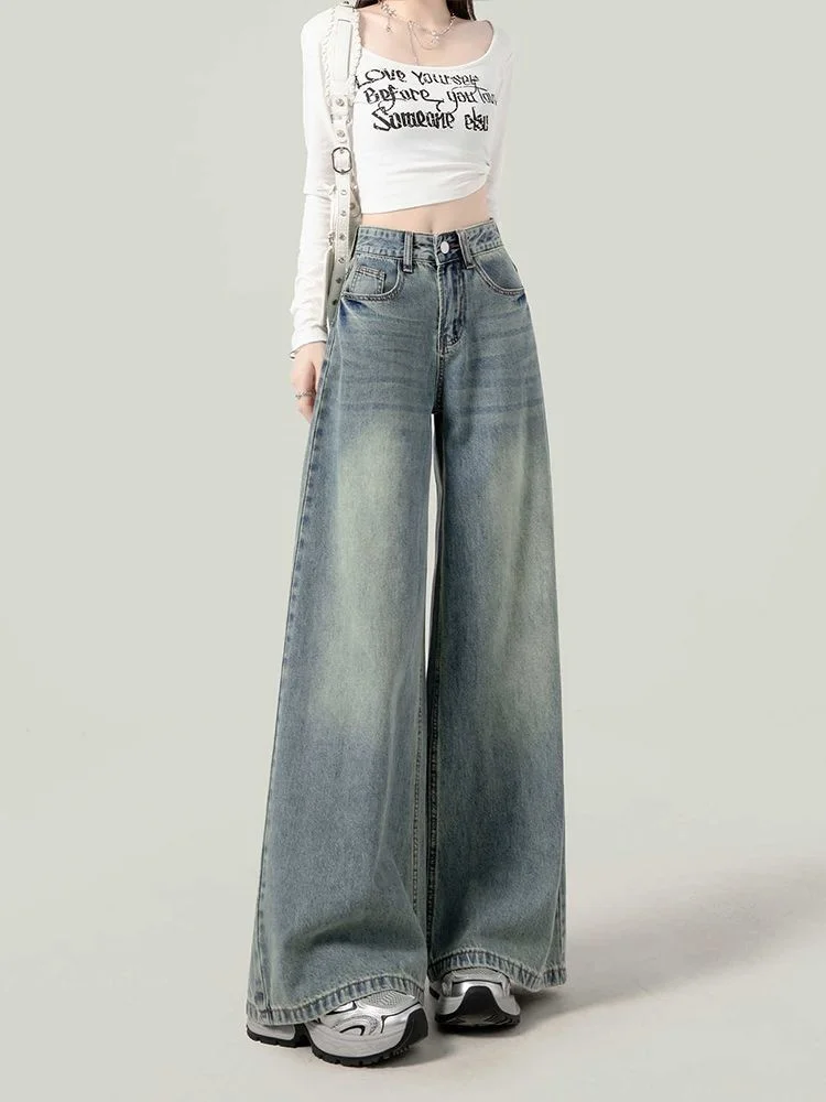 حجم كبير الجينز الأمريكي الرجعية المرأة سليم مستقيم فضفاض بنطال ذو قصة أرجل واسعة عالية الخصر لباس غير رسمي الخريف جديد Sle