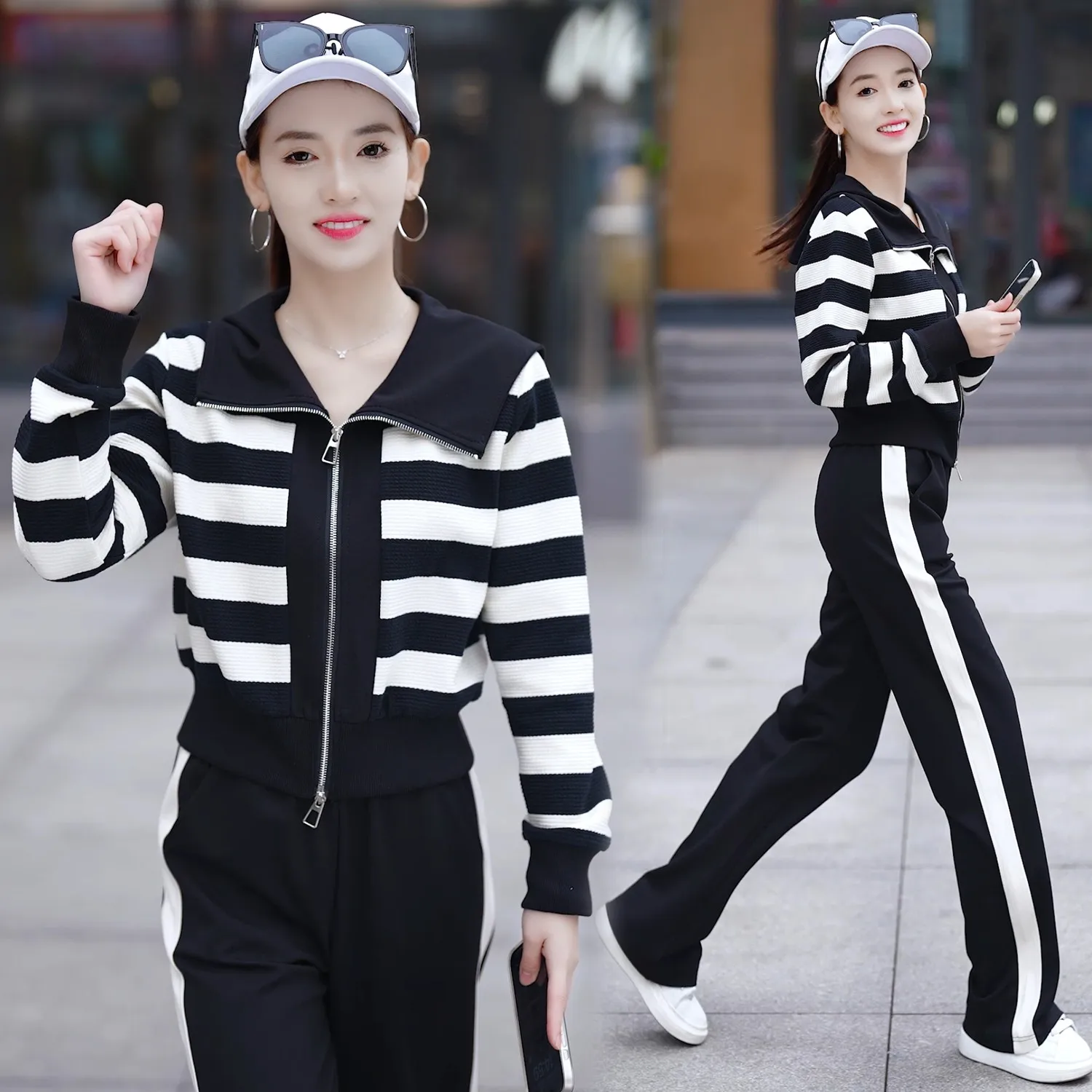 Autumn Women Tracksuit Outfit Stripe Print Korean Style Jacket Sweatshirt Loose Wide Leg Pant Workout Exercise Running suit Set