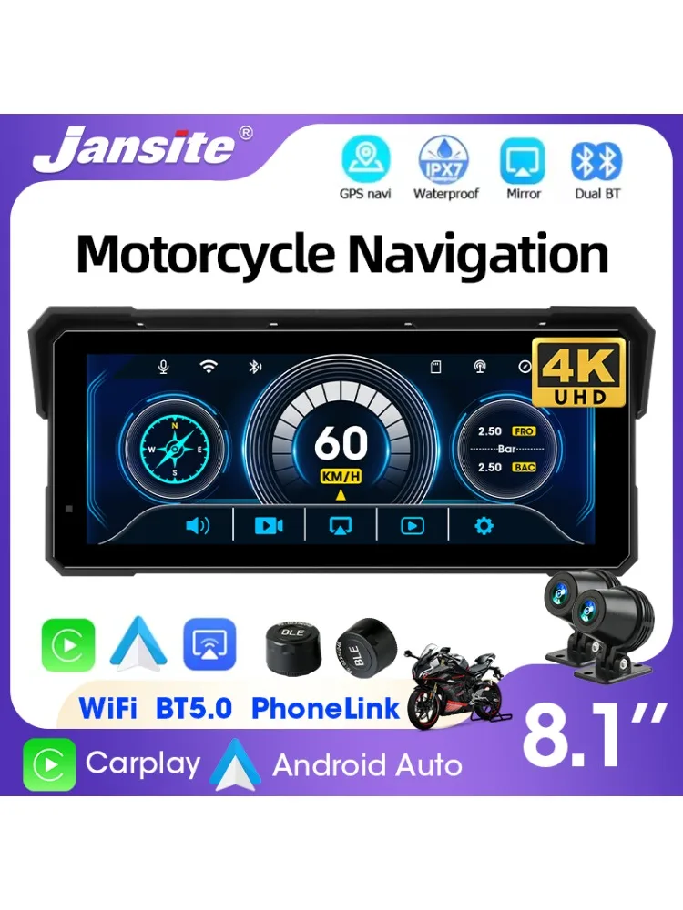 Jansite Draagbare 7/8.1 inch IP67 Waterdichte Motorfiets 4K DVR GPS Navigatie Draadloze Carplay Android Auto Moto Recorder Monitor - afbeelding 2