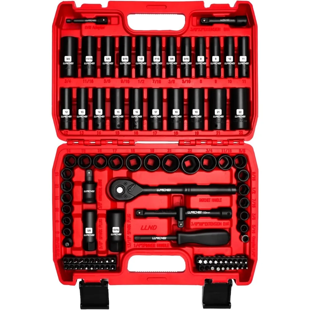 

3/8-Inch Drive Impact Socket Set, 95-Piece SAE/Metric Kit with Ratchet and Bits for Professional Use
