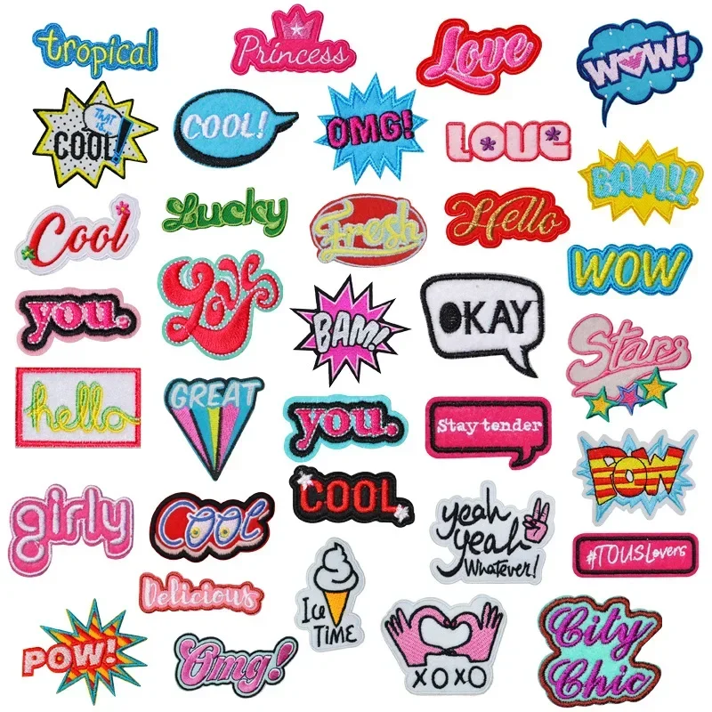 Красочные нашивки с вышитыми буквами, модные Мультяшные значки с надписями, крутая Женская одежда с надписью Love OK Hello Pow Wow