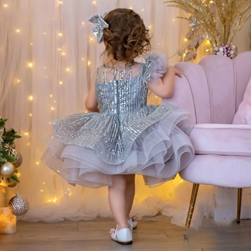 Lantejoulas vestido da menina de flor tule fofo bonito em camadas penas na altura do joelho para casamento aniversário pageant baile primeira comunhão vestidos