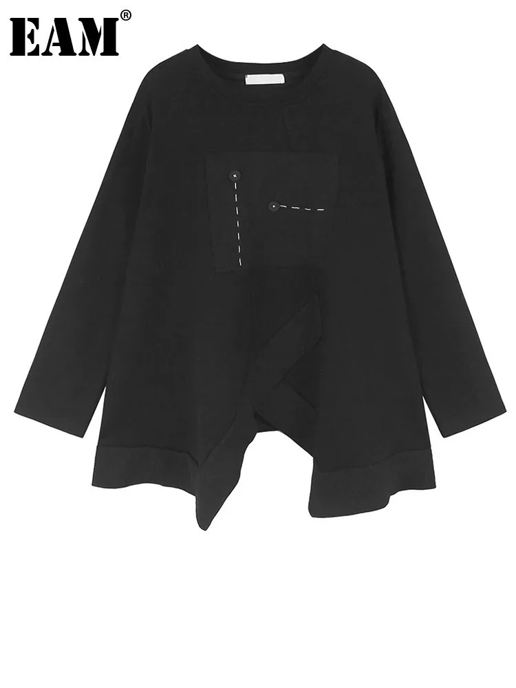 [EAM] Black Irregular Topstitched Sweatshirt New Round Neck Long Sleeve Women Big Size Fashion Tide Spring Autumn 2023 1DH8304