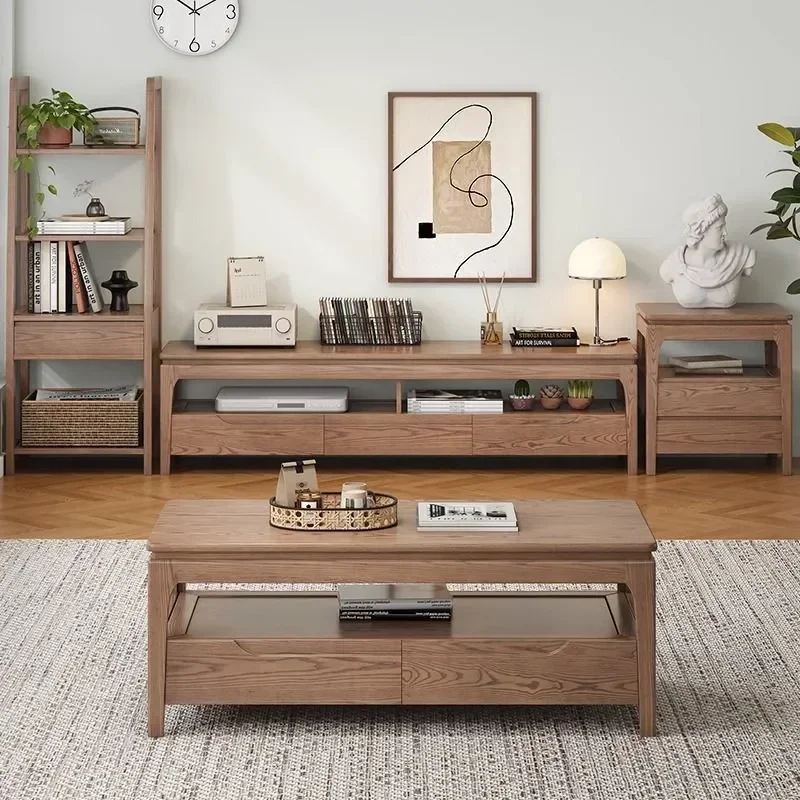Nordic Solid Wood Coffee Table Modern Simple Marble Ash Wood TV Cabinet Living Room Household Rock Slab Small Side Table