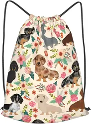 Cute Dachshund Gym Drawstring Backpack String Bag for Women Teens Girls Folding Waterproof for Yoga Shopping Sports