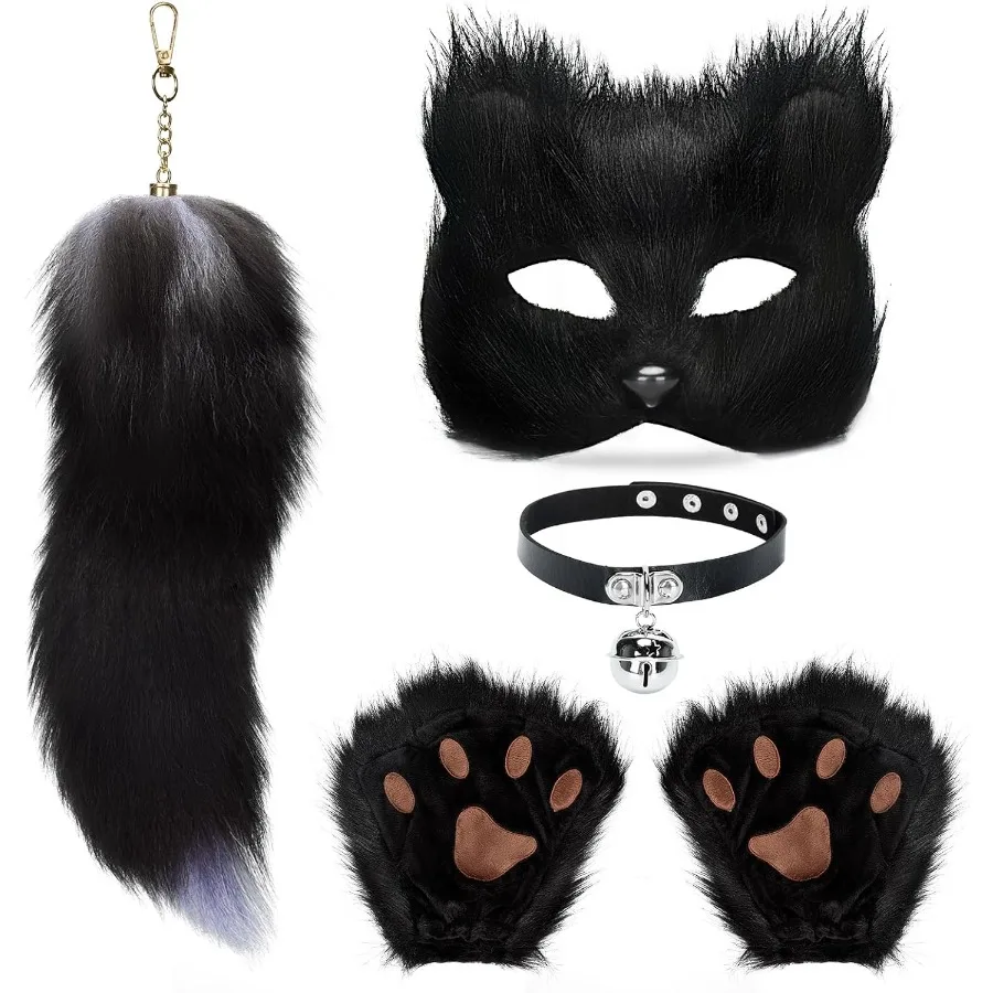 BADALU Therian Cat Mask and Tail Set for Girls Halloween Furry Fox Mask Wolf Tail Cat Costume With Leather Choker Faux Fur Cosp