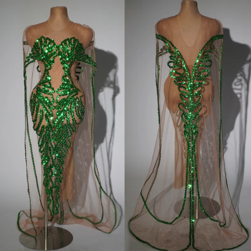 

Green Sequins Evening Dress Women Sexy Perspective Party Dresses Festival Outfits Bar Nightclub Ds Dj Gogo Costumes XS8713