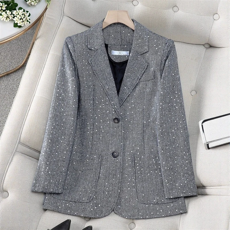 Korean Fashion Casual Blazer Women 2025 Spring Autumn New Elegant Long Sleeve Sequin Design Jackets Office Ladies Slim Suit Tops