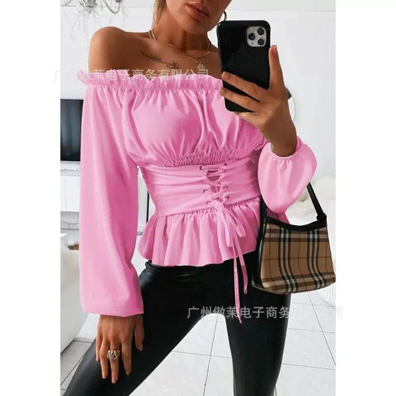 Women\'s Solid Color Slim Fit Pleated Bandage Shirt 2024 Spring Summer New Blouse Top Women\'s Casual Off-Shoulder Slash Neck Top