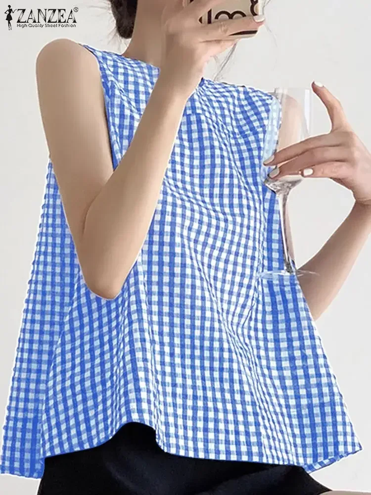 ZANZEA Summer Harajuku Tank Tops Women Korean Sleeveless Plaid Camis 2024 Blouse Fashion Sweety O-Neck Shirts Casual Loose Tunic