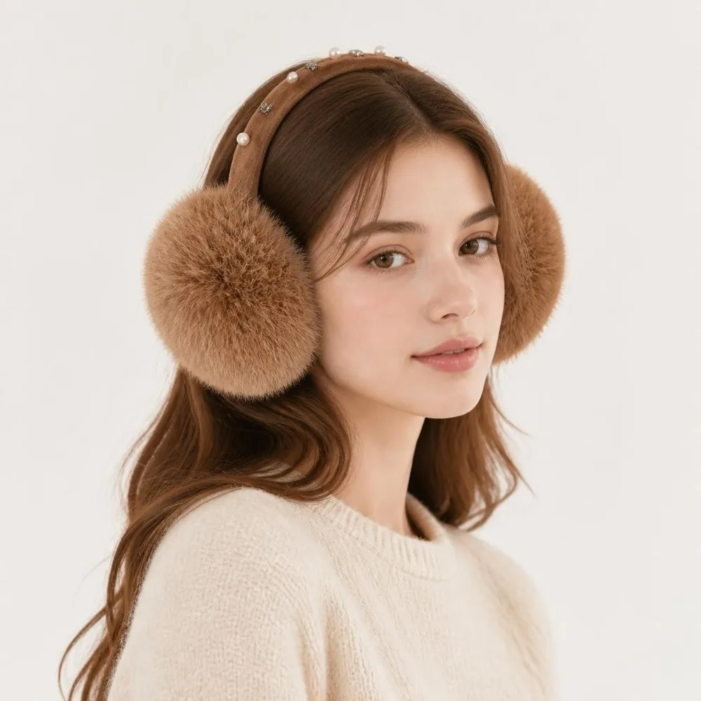 New Pearl Rhinestone Decor Faux Fur Earmuffs Plush Fluffy Winter Ear Warmers Cold‑proof Soft Soft Fluffy Earmuffs Outdoor