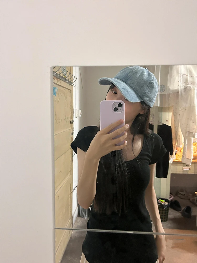 회색 U넥 반팔 티셔츠 여성 여름 신상 순면 슬림핏 고품질 숏 스타일 탑 한국 버전 출퇴근룩