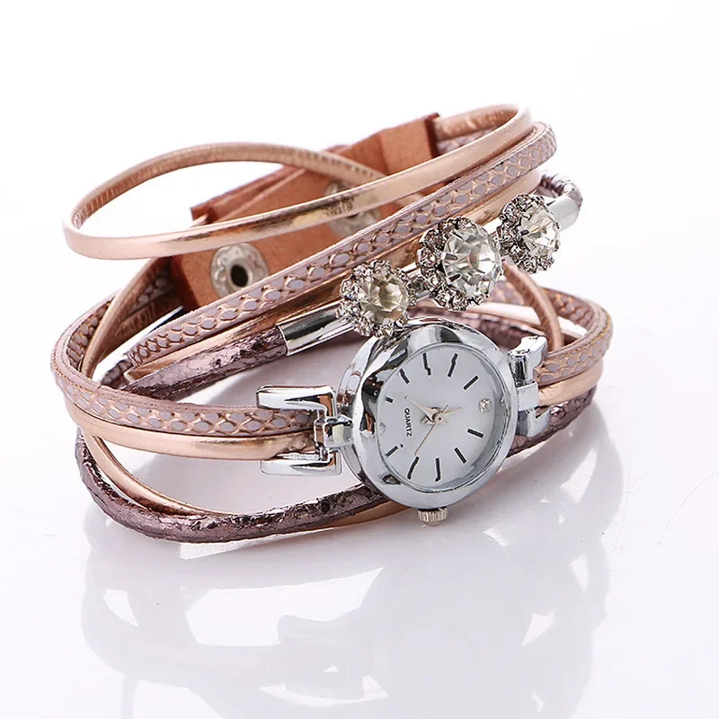 Fashion Luxury Women Watch  Diamond Circle Leather Band Bracelet Watches Casual Elegant Ladies Long Rope Winding Wrist Watch