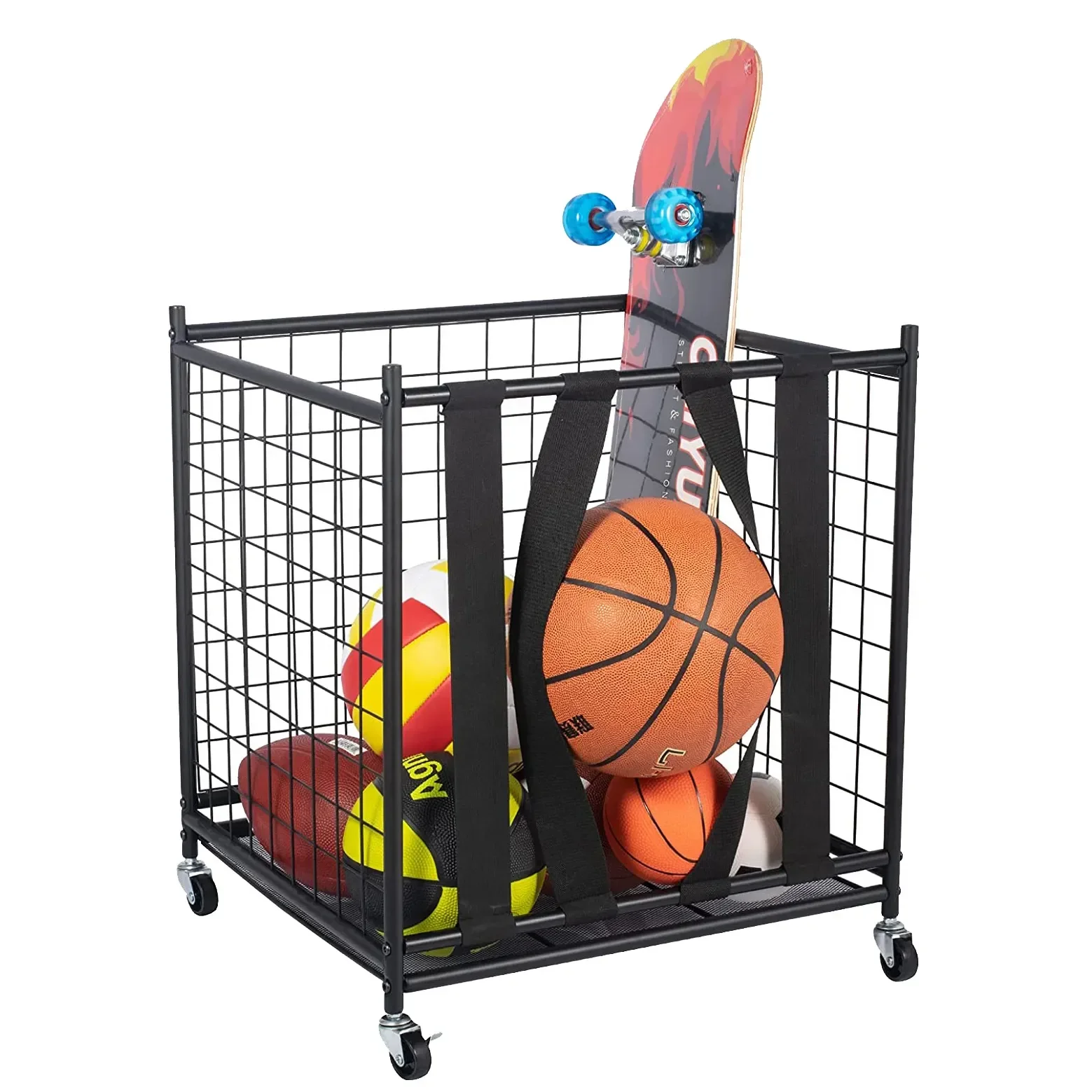 

Storage Cart with Wheels Movable Lockable Basketball Cage Steel Storage Rack with Roller for Storage Things Ball Toy Accessories