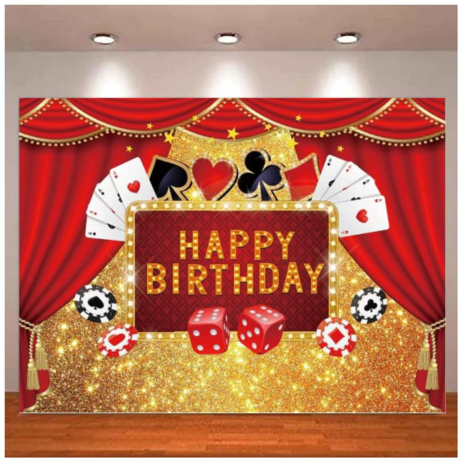 Casino Birthday Photography Backdrop Las Vegas Gold Glitter Bokeh Casino Night Poker Dice Red Curtains Background Banner Poster