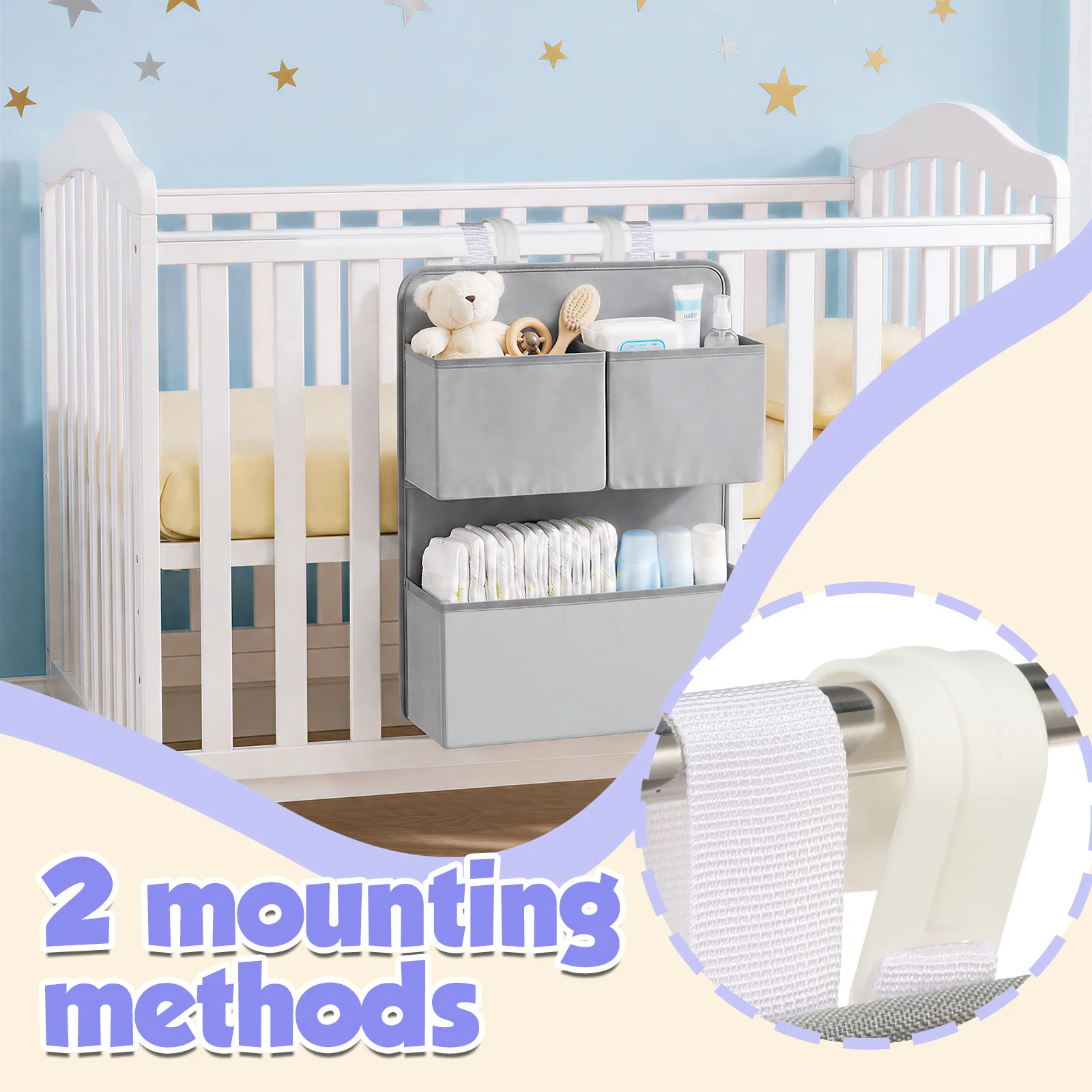 2 Tier Hanging Diaper Organizer Foldable Baby Product Storage Bag for Bassinet/Crib/Playpen/Playard Changing Table Diaper Holder