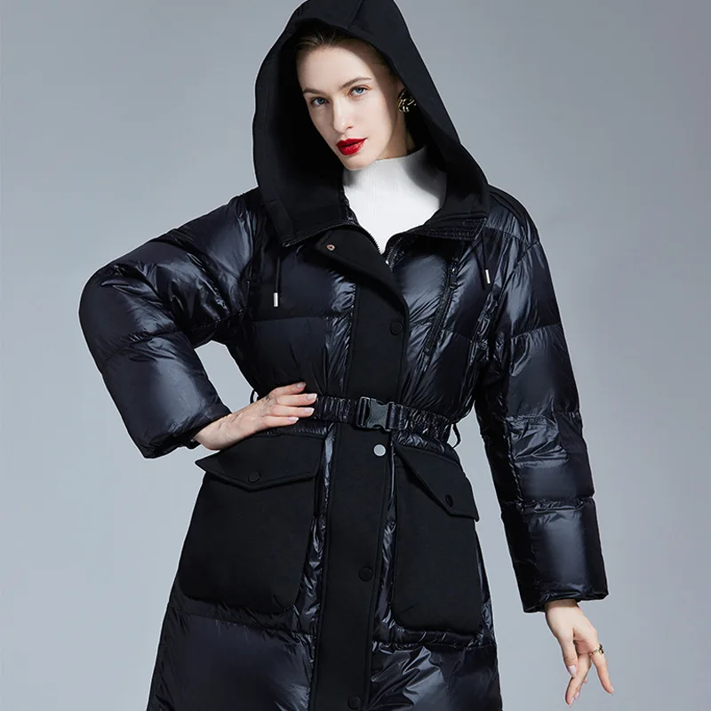 

Women's Winter Long White Duck down Jacket Coat Vintage Patchwork Design Hooded Ultra Thickened Knee-Length Quilted Outerwear