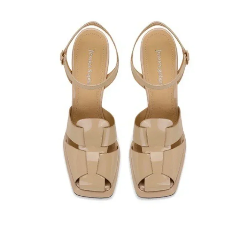 Women's High Heel Sandals Fashion Patent Leather Roman Sandals Sexy Hollow Out High Heels for Woman Designer Shoes Zapatos Mujer view 6