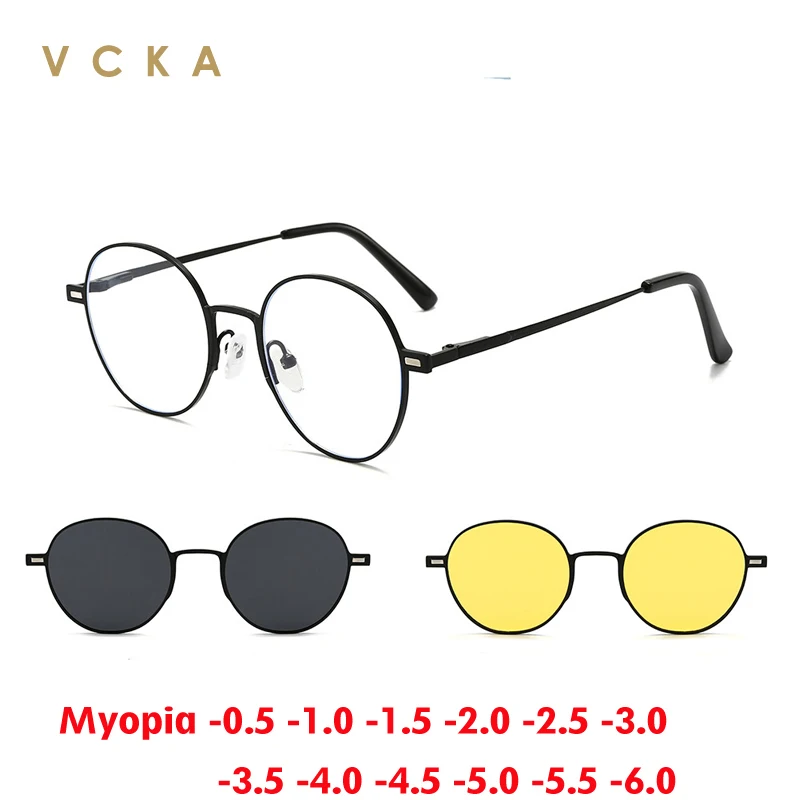 

VCKA 3 in 1 Round Magnetic Myopia Sunglasses Men Women Polarized Driving Custom Prescription Optics Glasses Frame -0.5 to -10