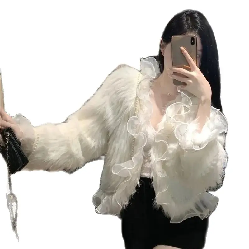 Chaqueta con volantes de encaje blanco de Corea para mujer, abrigo de piel de zorro de imitación, abrigo corto de moda joven, chaqueta de piel dulce, tendencia femenina, Otoño e Invierno