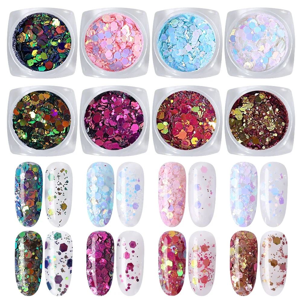 3D Sparkly Nail Sequins Laser Mixed Nail Glitter Hexagon Flakes Powder Sequins Shinning Colorful Nail Flakes DIY Nail Decoration