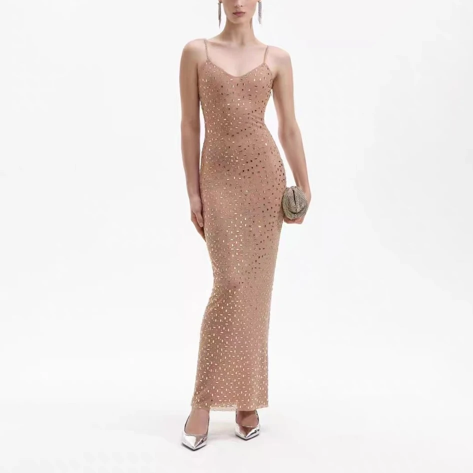 Nude Color Sleeveless Diamonds Pressed Tube Maxi Dress 2024 New Arrival Spring Summer High Quality Clothing