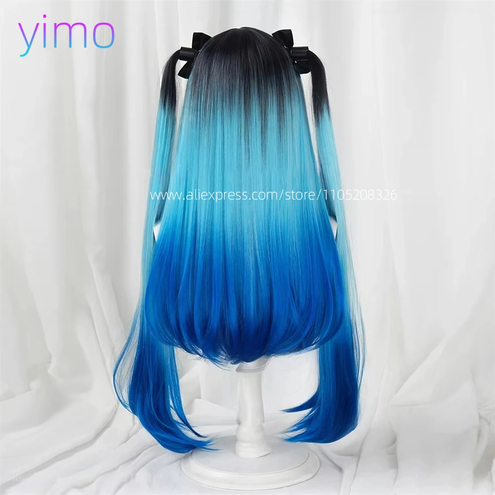 애니메이션 아메미야 다루미 코스프레 가발 85cm 긴 검정색 파란색 염색 가발 여성용 내열성 합성 머리 의상 코스프레 가발