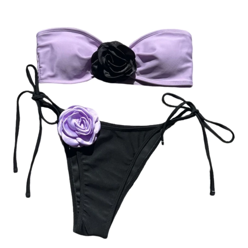 

Ladies Bandeau Bikinis Set Womens 3D Flower Swimsuits Sexy Lace Up Bathing Suits Dropship