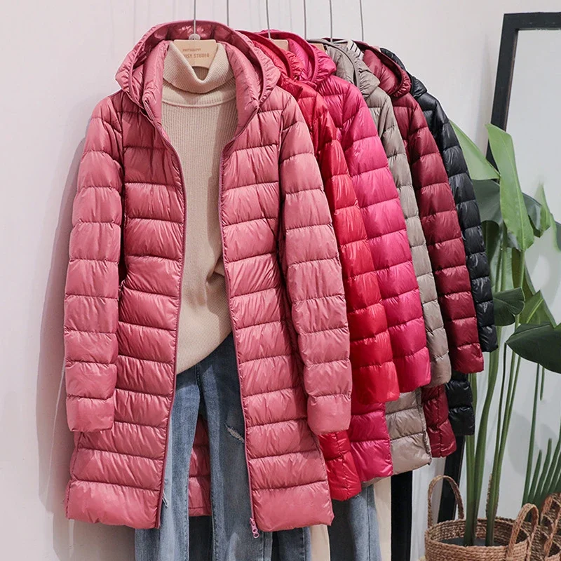 Women Down Jackets Long Ultra Light Thin Coat Plus Size Autumn Winter Casual Puffer Jacket Hooded Parka Coat Loose Fit Zippers