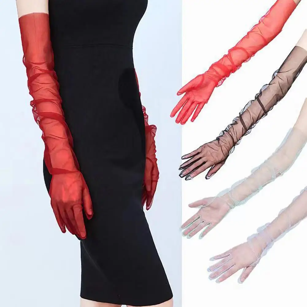 Fashion Long Sheer Tulle Gloves Ultra Thin Stretchy Full Finger Mittens Mesh Elbow Wedding Bride Gloves Drive Sunscreen Mittens