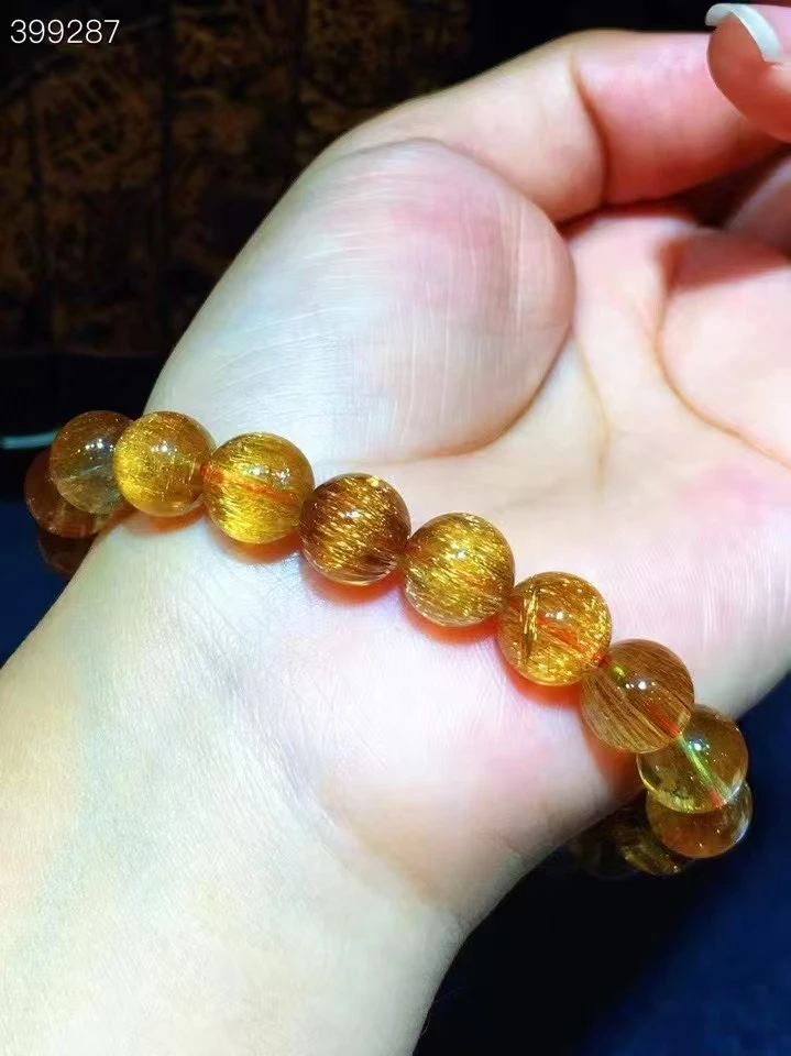 Natural Copper Rutilated Quartz Bracelet 9.8mm Clear Round Beads Cat Eye Rutilated Women Man Bracelet AAAAA