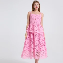 Sweet Embroidery Lace Long Formal Evening Dress Women Summer Strap Sundress Crystal Rhainstone Hollow Out Crochet Party Vestidos