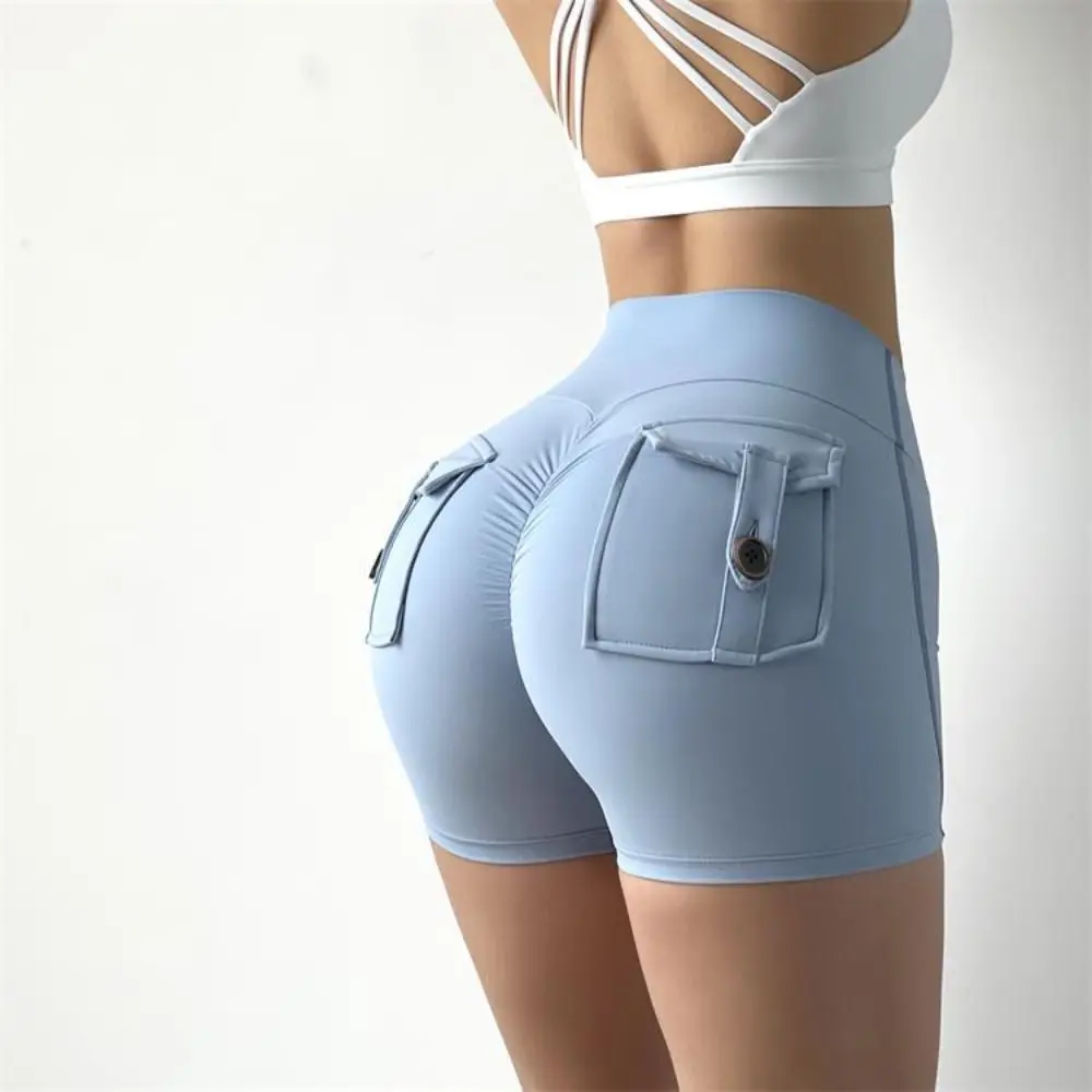 High Waist Pocket Gym Shorts Push Up Breathable Peach Hip Shorts with Pocket Buttocks Scrunch Yoga Shorts for Women Female