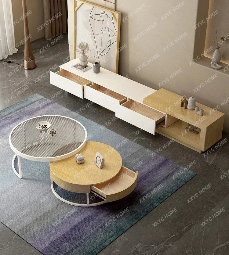 A Log coffee table TV cabinet cream style modern simple floor storage small apartment telescopic