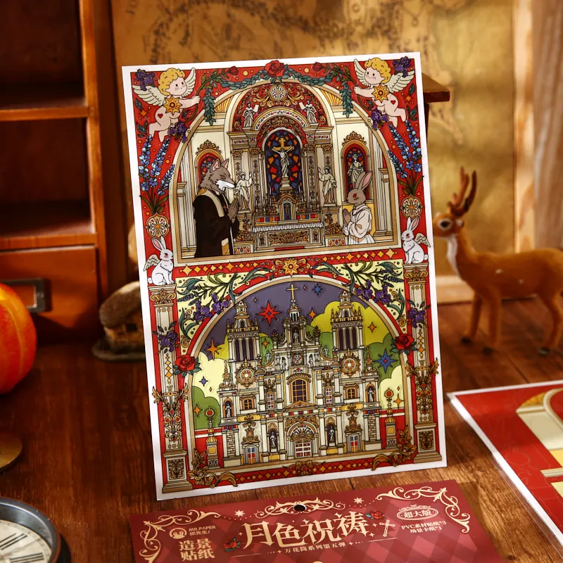 

Большие винтажные стикеры с мотивом молитвенной сцены при лунном свете, 3 ПВХ + 1 карта, с готическим узором церкви и ангелов, для джанк-журналов и скрапбукинга