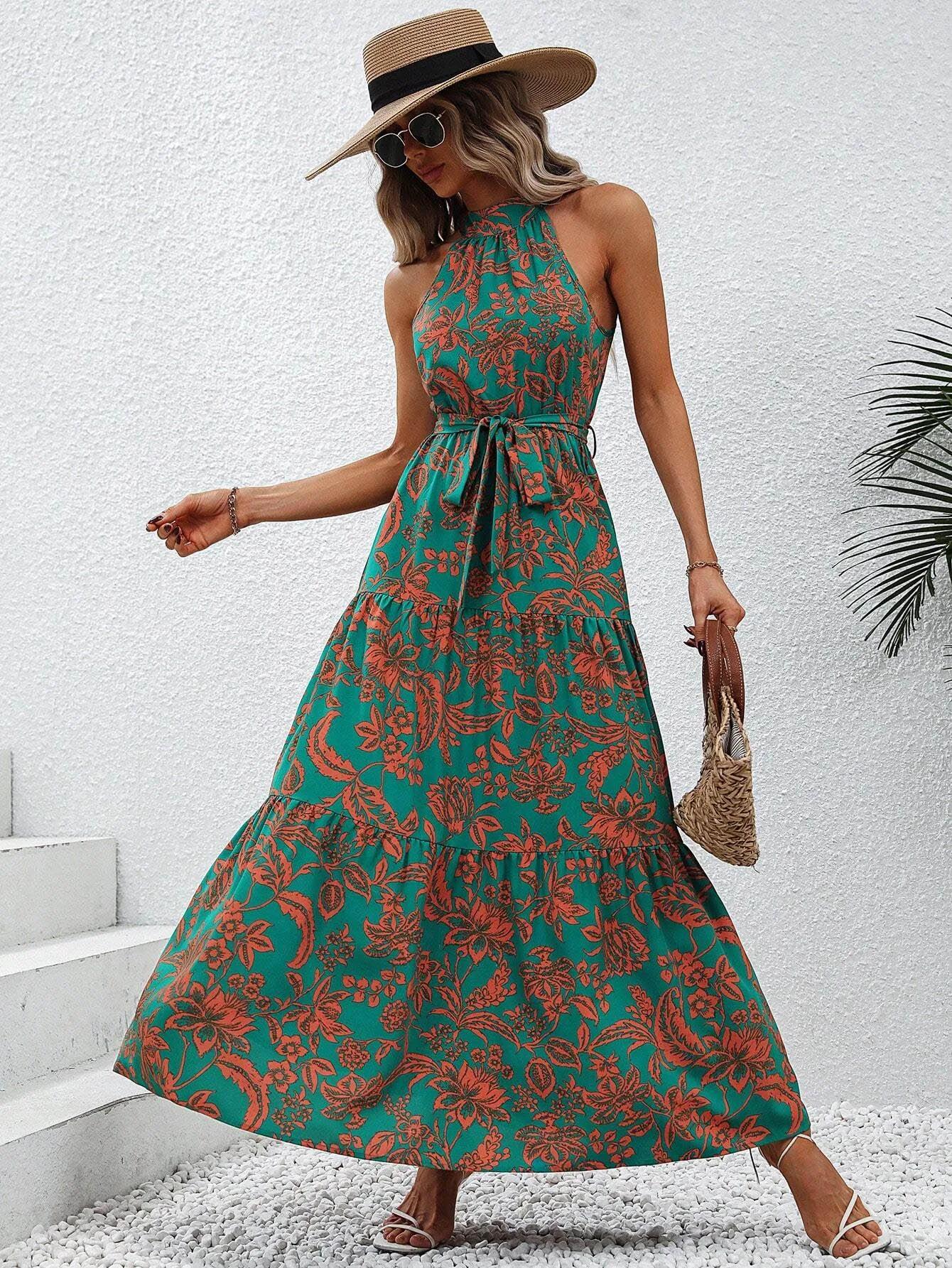 European and American women\'s elegant and fashionable temperament, hanging neck, backless sleeveless belt, printed dress